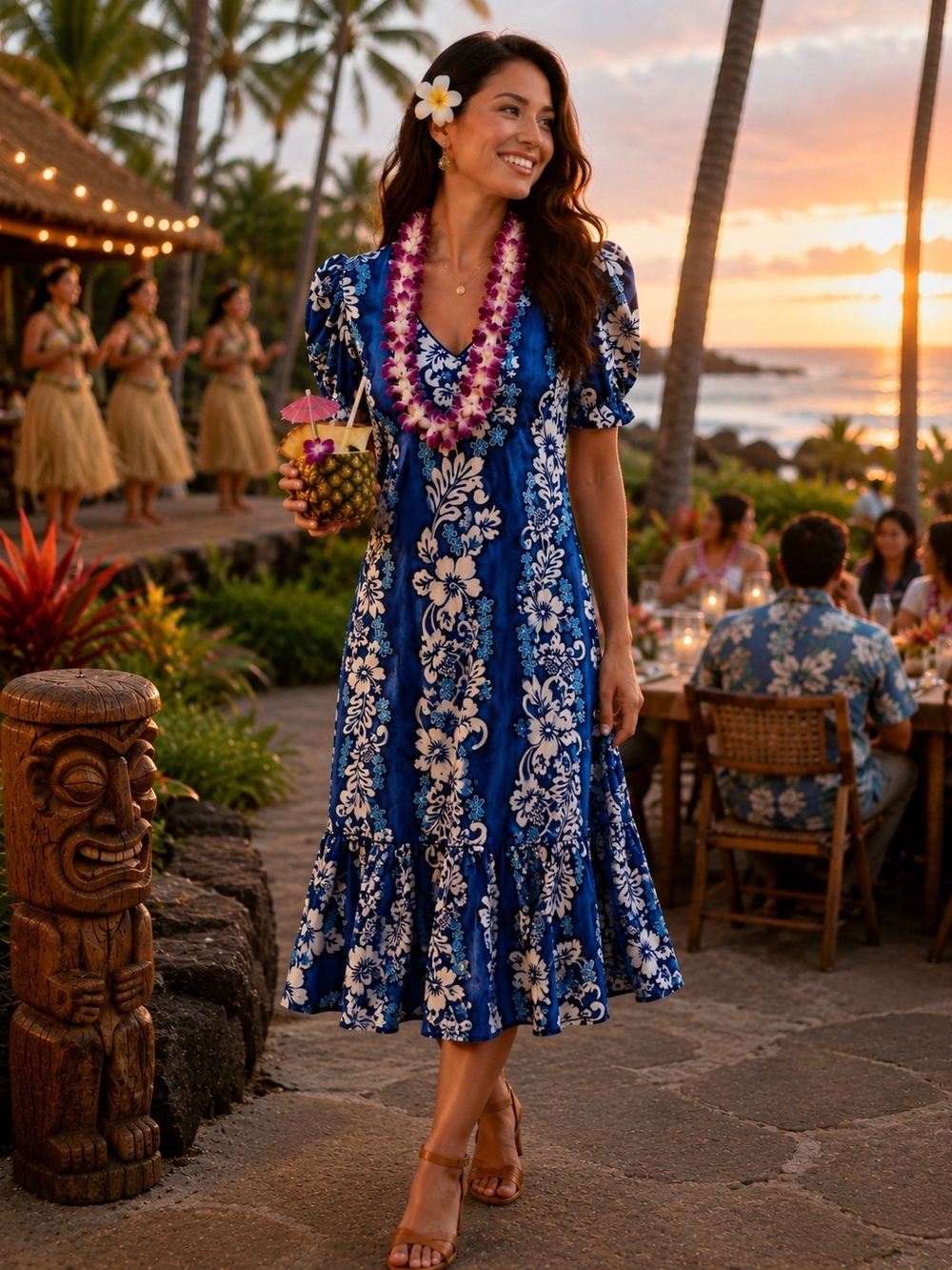 Shannon Marie VTG Hawaiian Midi Dress Blue Floral Tropical Resort Cotton Size S